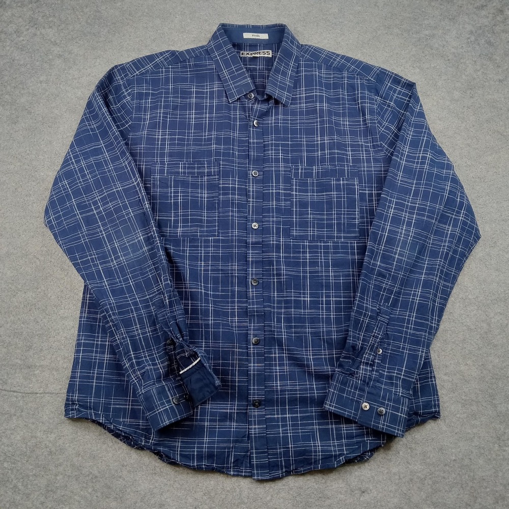Express Shirt‎ Mens XL Blue Plaid Fitted Button Front Long Sleeve Cotton Casual